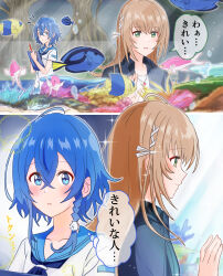  2girls absurdres black_shirt blue_eyes blue_hair blue_sailor_collar braid brown_hair clipboard commentary_request fish green_eyes highres holding holding_clipboard holding_pen jewelry long_hair misakino_kukuru miyazawa_fuuka multiple_girls necklace parted_lips pen sailor_collar shiroi_suna_no_aquatope shirt side_braid smile sparkle speech_bubble translation_request upalupatarara white_shirt yuri 