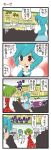  4koma blue_eyes blue_hair character_request comic crowd dei_shirou fast_food finger_to_mouth food french_fries green_hair hamburger hands_on_hips heterochromia highres kappa karakasa_obake kazami_yuuka menu orenji_zerii payot plaid plaid_skirt plaid_vest puffy_sleeves red_eyes skirt skirt_set solid_circle_eyes standing_on_one_leg surprised sweatdrop tatara_kogasa touhou translated translation_request umbrella 