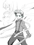  buttons colette_brunel interlocked_fingers lloyd_irving monochrome praying short_hair simple_background sword tales_of_symphonia 