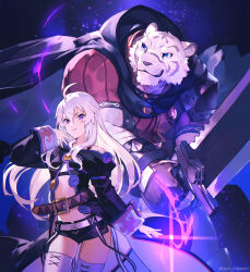  1boy 1girl ahoge animal_ears belt black_cloak black_robe black_shorts blue_eyes brown_pants cloak commentary_request cropped_jacket crotchless crotchless_pants feet_out_of_frame fighting_stance holding holding_sword holding_weapon hood hooded_cloak leather leather_pants long_hair mercenary_(zero_kara_hajimeru_mahou_no_sho) muscular muscular_male nagamori_kouta pants pectorals robe scar scar_on_face scar_on_nose shorts smile standing sword thick_thighs thighs tiger_boy tiger_ears twitter_username very_long_hair weapon white_fur white_hair zero_(zero_kara_hajimeru_mahou_no_sho) zero_kara_hajimeru_mahou_no_sho 