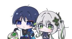  1boy 1girl :< animal animalization arm_at_side armlet asymmetrical_sidelocks black_bodysuit black_bridal_gauntlets black_cat black_hair black_shorts blue_cape blue_eyes blue_gem blue_kimono blue_sleeves blunt_ends blush bodysuit braid bridal_gauntlets bright_pupils cape cat chibi chibi_only choppy_bangs closed_mouth creature cross-shaped_pupils detached_sleeves dress eyeliner feathers frown furisode gem genshin_impact gold_armlet green_cape green_eyes green_hair green_pupils green_sleeves hair_intakes hair_ornament half_crown_braid hand_on_own_hip heart heart_hair_ornament holding holding_animal holding_cat holding_creature japanese_clothes jewelry juban kimono layered_sleeves leaf leaf_hair_ornament long_hair makeup mandarin_collar multicolored_hair nahida_(genshin_impact) neo_akasha_terminal open_clothes open_kimono person_and_animalization pointy_ears pom_pom_(clothes) red_eyeliner scaramouche_(cat)_(genshin_impact) scaramouche_(genshin_impact) short_sleeves shorts shoulder_peek side_cape side_ponytail sidelocks streaked_hair symbol-shaped_pupils tareme wanderer_(genshin_impact) wheat_02 white_background white_dress white_hair white_kimono white_pupils white_sleeves white_trim yellow_feathers 