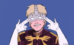  1boy alloydia artist_name black_capelet blonde_hair blue_background capelet char_aznable collar collared_jacket commentary cosplay dababy_(rapper) eye_mask finger_gun finger_gun_to_own_head gloves grin gundam highres jacket looking_at_viewer mask mobile_suit_gundam pointing pointing_at_self red_collar short_hair simple_background smile solo upper_body white_gloves zeon 