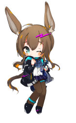  1girl ;) ahoge amiya_(arknights) animal_ear_fluff animal_ears arknights ascot black_jacket black_pantyhose black_shoes blue_ascot blue_skirt blush_stickers brown_hair chibi chibi_only closed_mouth commentary_request full_body green_eyes hands_up highres holding holding_pen jacket kashiwase_karune long_hair long_sleeves looking_at_viewer miniskirt one_eye_closed open_clothes open_jacket pantyhose pen plaid_clothes plaid_skirt pleated_skirt rabbit_ears rabbit_girl shoes simple_background skirt smile solo standing sweatdrop white_background 