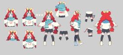  1girl :3 absurdres animal_ear_fluff animal_ear_legwear animal_ears black_hair black_shorts black_streaks black_thighhighs blue_eyes blue_scarf blush boots bow braid closed_eyes clothes_writing commentary double-parted_bangs english_commentary fang from_behind from_side grey_background hair_between_eyes hakos_baelz headband highres hololive hololive_english long_hair mouse_ears mouse_tail multicolored_hair multiple_views official_art outstretched_arms red_hair reference_sheet scarf scarf_on_head shorts smile strawberry_baelz streaked_hair sweater tail thigh-highs twin_braids v-shaped_eyebrows virtual_youtuber white_boots white_hair white_sweater yellow_bow yellow_headband zaniaii 