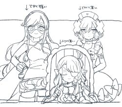  3girls bow butter_run chair closed_eyes closed_mouth commentary_request eye_mask hair_ornament hand_on_own_hip hat highres long_hair magical_girl mahou_shoujo_ikusei_keikaku mahou_shoujo_ikusei_keikaku_restart mask masked_wonder multiple_girls nurse_cap pfle shadowgale short_hair sitting smile thigh-highs translation_request x_hair_ornament 