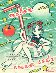  1girl absurdres afloat bikini bow cherry commentary_request commission complementary_colors cursive double_bun drinking_straw food fruit hair_bow hair_bun heart heart-shaped_eyewear highres ice_cream innertube melon_soda mixed-language_text no_nose original otoboke_hoka oversized_food oversized_object skeb_commission star_(symbol) sunglasses swim_ring swimsuit tankini watermark 