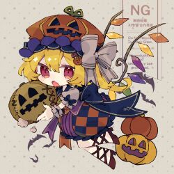  1girl alternate_costume ascot back_bow bat_(animal) blonde_hair blue_bow bow brown_shoes checkered_clothes checkered_skirt collared_shirt commentary_request crystal crystal_wings fang flandre_scarlet food-themed_hair_ornament full_body hair_ornament halloween halloween_costume hat hat_bow high_heels highres jack-o'-lantern jack-o'-lantern_hat looking_at_viewer mob_cap multicolored_wings nikorashi-ka one_side_up orange_hat orange_vest puffy_short_sleeves puffy_sleeves pumpkin_hair_ornament red_eyes red_shirt shirt shoes short_sleeves skin_fang skirt sleeve_bow solo touhou vest white_bow wings yellow_ascot 