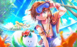  1boy armlet ayasetaru babu_(kaijuu_monogatari) beach blue_eyes blue_vest blurry blurry_foreground bracelet brown_hair closed_mouth commentary_request creature daikaijuu_monogatari daikaijuu_monogatari_mobile earrings fire_shell_hero_(daikaijuu_monogatari) fisheye flower flower_bracelet goggles gold_armlet hair_flower hair_ornament hammock hand_up hat hibiscus highres holding holding_goggles horizon horns innertube jewelry kaijuu_monogatari_(series) kupikupi looking_at_viewer male_focus necklace ocean on_hammock outdoors palm_tree pants parted_lips pink_flower poyon_(kaijuu_monogatari) red_flower seashell shell shell_necklace single_horn sleeping smile standing straw_hat summer sunlight swim_goggles swim_ring tree unworn_goggles vest white_pants 