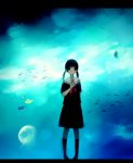  black_eyes black_hair fish highres jellyfish original school_uniform serafuku solo standing tamayo twintails water 