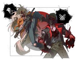  animal_collar animal_ears blood blood_from_mouth blood_on_hand claws collar colored_extremities commentary_request crescent crescent_collar crescent_necklace deadlock_(game) drifter_(deadlock) facial_hair fangs highres jacket jewelry korean_commentary necklace orange_jacket red_hands scar silver_(deadlock) ted_(aqzaqzaq) vampire werewolf wolf_ears wolf_girl 