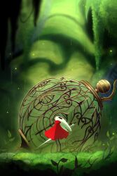  1girl arthropod_girl black_eyes black_skin cage cloak colored_skin full_body grass highres holding holding_weapon hollow_eyes hollow_knight hollow_knight:_silksong horned_mask hornet_(hollow_knight) horns leaf looking_up mask moss nature needle_(hollow_knight) rain red_cloak standing uing_08 weapon white_mask 