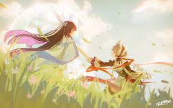  2girls absurdres bare_shoulders black_collar black_hair black_sleeves blue_eyes blush bonnet bow braid braided_base breasts brown_hair bun_with_braided_base chinese_commentary closed_mouth collar columbina_(genshin_impact) commentary_request detached_collar detached_sleeves dress field genshin_impact gradient_hair grass hair_bun hair_ornament head_wings headdress highres holding_hands long_hair long_sidelocks long_sleeves looking_at_another matsuo_ringo multicolored_hair multiple_girls multiple_wings purple_hair purple_streaks reaching reaching_towards_another ribbon sandrone_(genshin_impact) short_hair short_hair_with_long_locks sidelocks smile streaked_hair two-tone_hair unusually_open_eyes very_long_hair violet_eyes white_dress white_headdress white_wings winding_key wing_hair_ornament wings yuri 