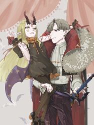  1boy 1girl ascot bow candy carrying child_carry cloak colored_extremities earrings eieio006 facial_mark fate/grand_order fate_(series) food forehead_mark fur-trimmed_cloak fur_trim grey_hair halloween halloween_costume highres holding holding_candy holding_food holding_lollipop horn_bow horn_ornament horns ibaraki_douji_(fate) ibaraki_douji_(festival_outfit)_(fate) jack-o'-lantern jewelry lollipop long_hair long_sleeves marking_on_cheek oni pantyhose pointy_ears pumpkin red_eyes red_hands shirt shoes short_hair single_horn tattoo vampire watanabe_no_tsuna_(fate) watanabe_no_tsuna_(vamp_warrior)_(fate) yellow_eyes 