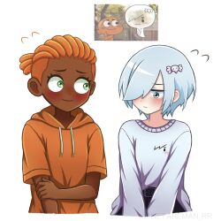  1boy 1girl carrie_krueger dark-skinned_male dark_skin darwin_watterson ghost_girl hair_ornament hair_over_one_eye hetareman highres hood hoodie humanization orange_hair personification scene_reference shirt short_hair simple_background skirt skull_hair_ornament smile the_amazing_world_of_gumball white_hair 