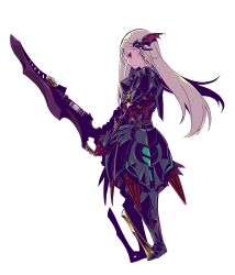  1girl armor armored_boots black_armor boots breastplate closed_mouth commentary_request drive_blade_(sekaiju) full_body hair_ornament highres hinaki_yuzu holding holding_sword holding_weapon imperial_(sekaiju) imperial_2_(sekaiju) long_hair looking_at_viewer official_alternate_color parted_bangs pauldrons profile red_eyes sekaiju_no_meikyuu sekaiju_no_meikyuu_4 shoulder_armor simple_background solo standing sword v_arms weapon white_background 
