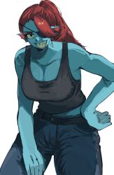  1girl 2026 2d alternate_breast_size_(larger) anthro belt black_belt black_eyepatch black_tank_top blue_pants blue_skin breasts cleavage colored_sclera colored_skin colored_teeth cowboy_shot digital_media ear_fins eyepatch female female_only fins fish fish_girl gills hand_on_own_hip hand_on_own_thigh head_fins high_ponytail highres large_breasts leaning_forward long_hair looking_at_viewer monster monster_girl pants ponytail red_hair sa66513 sharp_teeth simple_background solo tank_top teeth undertale undyne utdr_(toby_fox) white_background yellow_sclera yellow_teeth 