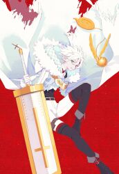  1boy abstract_background absurdres allen_walker an-ko_(ankoankoazuki) belt black_belt black_boots black_pants black_vest boots cloak collared_shirt commentary creature cross cross_print d.gray-man facial_mark feathered_wings floating_cape forehead_mark full_body fur-trimmed_cloak fur_trim gloves golem_(d.gray-man) grey_eyes hair_between_eyes heterochromia high_collar highres holding holding_sword holding_weapon hood hood_down hooded_cloak horns huge_weapon long_sleeves looking_at_viewer male_focus necktie pants parted_lips pouch red_background red_eyes red_necktie scar scar_across_eye scar_on_face shirt short_hair sidelocks single_glove spiky_hair star_(symbol) star_facial_mark striped_clothes striped_pants striped_sleeves sword tail thigh_pouch thigh_strap timcanpy two-tone_pants untranslatable_commentary vest weapon white_cloak white_fur white_gloves white_hair white_pants white_shirt wings 