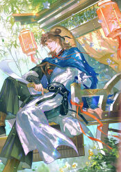  1boy absurdres bamboo blue_cloak brown_eyes brown_hair bug butterfly chinese_clothes cloak conical_hat hair_bun hanfu highres holding holding_sword holding_weapon keru233 lantern long_hair original outdoors shirt sitting solo sword weapon white_shirt wide_sleeves 