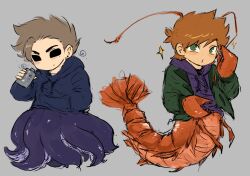  2boys alcohol animification antenna_hair antennae blue_hoodie brown_hair chihuahua233 chinese_commentary commentary_request deformed drawstring eddsworld flask freckles green_eyes green_jacket grey_background hand_in_pocket highres hip_flask holding holding_flask hood hood_down hoodie jacket lobster_boy long_sleeves looking_at_viewer male_focus matt_(eddsworld) merfolk merman monster_boy multiple_boys octopus_boy open_clothes open_jacket orange_hair purple_hoodie short_hair simple_background sketch solid_eyes sparkle spiky_hair tentacles tom_(eddsworld) unconventional_merfolk 