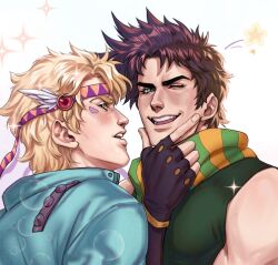  2boys battle_tendency black_gloves blonde_hair blue_jacket brown_hair bubble caesar_anthonio_zeppeli eyelashes facial_mark feather_hair_ornament feathered_wings feathers fingerless_gloves gloves green_shirt hair_ornament headband highres jacket jojo_no_kimyou_na_bouken joseph_joestar joseph_joestar_(young) looking_at_viewer male_focus multiple_boys muscular muscular_male one_eye_closed open_mouth rensan87742114 scarf shirt short_hair smile sparkle star_(symbol) striped_clothes striped_scarf teeth upper_body white_background wings 