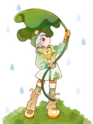  1girl above-cleavage_cutout absurdres arrow_(symbol) baichuan00088 brown_eyes brown_leg_warmers brown_shorts cable chinese_commentary closed_mouth clothing_cutout collared_jacket commentary_request crop_top expressionless froggy_fashion_(infinity_nikki) full_body gloves grass green_hat green_jacket green_socks hair_ornament hat head_tilt highres holding holding_plant infinity_nikki jacket leaf_umbrella leg_warmers light_blush light_frown lightning_bolt_symbol lily_pad long_sleeves low_twintails newsboy_cap nikki_(series) open_clothes open_jacket over-kneehighs plant pointy_nose puffy_long_sleeves puffy_sleeves rain raincoat recycling_symbol shirt shoes short_hair short_twintails shorts sneakers socks solo standing thigh-highs twintails water_drop white_background white_hair yellow_gloves yellow_shirt yellow_shoes zipper 