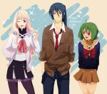  ahoge black_hair blue_eyes cardigan earrings fang gen_(enji) green_hair jewelry long_hair macross macross_frontier multiple_girls pantyhose pink_hair pleated_skirt ponytail ranka_lee red_eyes saotome_alto school_uniform sheryl_nome skirt wink yellow_eyes 