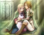  1girl apron armor axis_powers_hetalia bad_id belarus_(hetalia) blue_eyes boots brown_hair cloak couple dress forest grand_duchy_of_lithuania green_eyes hair_ribbon lithuania_(hetalia) medieval nature pout ribbon sasano_shiki silver_hair sitting sunlight white_russia 