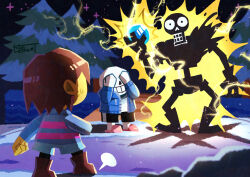  1other 2boys absurdres androgynous black_shorts blue_jacket blue_sweater boots brothers brown_boots brown_hair colored_skin commentary_request covering_own_eyes electrocution frisk_(undertale) gloves grin highres hood hooded_jacket jacket long_sleeves multiple_boys open_clothes open_jacket open_mouth papyrus_(undertale) pink_slippers sans_(undertale) short_hair shorts siblings skeleton slippers smile snow sweat sweater teeth tree undertale utdr_(toby_fox) watawata22 yellow_skin 