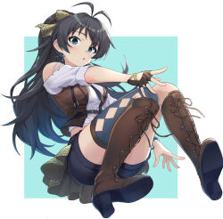  1girl absurdres antenna_hair bare_shoulders black_hair black_necktie black_shorts blue_eyes boots bow brown_vest commentary earrings fingerless_gloves ganaha_hibiki gloves hair_bow highres idolmaster idolmaster_million_live! idolmaster_million_live!_theater_days jewelry knee_boots long_hair looking_at_viewer necktie official_alternate_costume ponytail shirt short_shorts shorts shuucream_(syuichi) simple_background single_thighhigh sleeves_rolled_up solo star_(symbol) star_earrings thigh-highs vest white_shirt 
