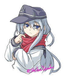  1girl anchor_symbol blue_eyes closed_mouth commentary_request elehime expressionless grey_hair grey_hat hair_between_eyes hat hibiki_(kancolle) highres kantai_collection long_hair long_sleeves looking_at_viewer red_scarf sailor_hat scarf shirt simple_background solo upper_body white_background white_shirt 