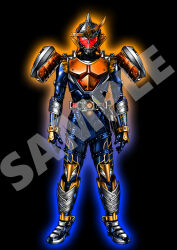  1boy absurdres armor belt commentary_request food fruit fusion helmet highres kamen_rider kamen_rider_blade kamen_rider_blade_(series) kamen_rider_gaim kamen_rider_gaim_(orange_arms) kamen_rider_gaim_(series) lockseed male_focus mask neofrontier orange_(fruit) orange_lockseed red_eyes rider_belt sengoku_driver solo standing tokusatsu 