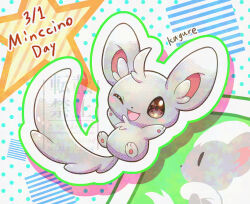  :d animal_focus brown_eyes cinccino commentary_request dated full_body grey_fur highres kagure_(karaguren) looking_at_viewer minccino no_humans one_eye_closed open_mouth pawpads pokemon pokemon_(creature) pokemon_focus simple_background smile solo white_background 