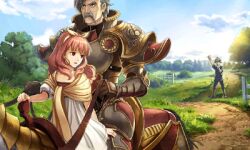  1girl 2boys aged_down alm_(fire_emblem) celica_(fire_emblem) facial_hair fire_emblem fire_emblem_echoes:_shadows_of_valentia game_asset green_hair grey_hair hidari_(left_side) horseback_riding long_hair lowres mature_male multiple_boys mustache mycen_(fire_emblem) official_art red_hair riding short_hair short_sleeves waving 
