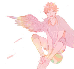  1boy ball closed_eyes commentary_request facing_viewer falling_feathers feathers full_body haikyuu!! hinata_shouyou jacket jacket_on_shoulders knee_pads male_focus open_mouth orange_hair shirt shoes short_hair shorts simple_background single_wing sitting socks solo sportswear volleyball_(object) volleyball_uniform white_background white_shoes wings ynk_vv 