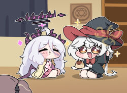  3girls :t ahoge beleullin black_hat black_jacket black_shoes black_skirt blue_archive blush_stickers bow bowtie brown_hair chewing chibi chibi_only closed_eyes commentary_request demon_horns diagonal-striped_bow diagonal-striped_bowtie diagonal-striped_clothes double-parted_bangs eating eri_(blue_archive) food grey_hair hair_between_eyes halo hat hat_ribbon hexagram highres hina_(blue_archive) hina_(pajamas)_(blue_archive) holding holding_food holding_plate holding_spoon horns jacket korean_commentary multiple_girls on_floor pajamas pink_pajamas plate pleated_skirt pudding purple_halo red_bow red_bowtie rena_(blue_archive) ribbon robe seiza shirt shoes sitting skirt sparkle spoon star_of_david striped_bow striped_bowtie striped_clothes white_shirt witch_hat yellow_robe 