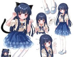  1girl animal_ears blue_hair blue_skirt blush cat cat_ears cat_tail chibi eluthel expressionless frilled_shirt frills full_body highres idolmaster idolmaster_cinderella_girls long_hair looking_at_viewer mary_janes multiple_views open_mouth pantyhose paw_pose red_eyes sajo_yukimi shirt shirt_tucked_in shoes skirt smile tail waving white_pantyhose 