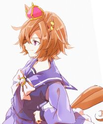  1girl animal_ears bow bowtie breasts closed_mouth commentary_request crown domdam80 hair_between_eyes horse_ears horse_girl horse_tail long_sleeves mini_crown orange_hair orange_tail pink_crown purple_sailor_collar purple_serafuku purple_shirt purple_skirt sailor_collar sailor_shirt school_uniform serafuku shirt short_hair simple_background skirt smile solo t.m._opera_o_(umamusume) tail tracen_school_uniform umamusume violet_eyes white_bow white_bowtie 