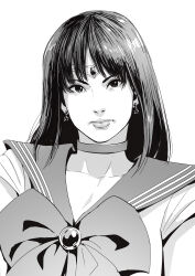  absurdres bishoujo_senshi_sailor_moon choker cirenk closed_mouth commentary earrings greyscale highres jewelry long_hair magical_girl monochrome sailor_collar sailor_mars sailor_senshi_uniform school_uniform serafuku simple_background star_(symbol) star_earrings white_background 