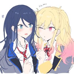  !? 2girls :o aqua_eyes blazer blonde_hair blush bow bowtie collared_shirt commentary cropped_torso diagonal-striped_bow diagonal-striped_bowtie diagonal-striped_clothes diagonal-striped_necktie dot_nose english_text eye_contact fami_1313 gradient_hair grey_jacket hand_up highres hoshino_ichika_(project_sekai) index_finger_raised jacket lapels looking_at_another multicolored_hair multiple_girls necktie notched_lapels one_eye_closed open_clothes open_jacket open_mouth parted_lips pink_eyes project_sekai purple_hair school_uniform shirt simple_background sketch striped_bow striped_bowtie striped_clothes striped_necktie tenma_saki twintails untranslatable_commentary white_background white_shirt yuri 