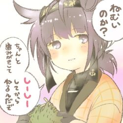  1girl anchor_symbol black_bodysuit black_headband blush bodysuit commentary_request hachimaki hair_flaps hanten_(clothes) hatsuzuki_(kancolle) headband holding japanese_clothes kantai_collection knitting knitting_needle looking_at_viewer needle purple_hair simple_background solo speech_bubble translation_request upper_body violet_eyes watarai_keiji 