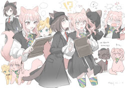  !? 1boy 1girl 1other akiyama_mizuki animal animal_ears animal_with_hair animalization black_dress black_hat blonde_hair blue_eyes brown_cat brown_eyes brown_hair cat cat_boy cat_ears cat_girl cat_tail commentary_request dress eighth_note embarrassed hat kaesmedubu kagamine_len korean_text multiple_views musical_note pink_cat pink_eyes pink_hair project_sekai shinonome_ena short_hair side_ponytail spoken_musical_note standing surprised tail thigh-highs translation_request vocaloid yellow_cat 