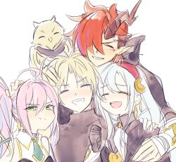  2boys 2girls artmage_finmel artmage_graflare artmage_litera artmage_power_patron bird blonde_hair blue_hair closed_eyes dragon_boy dragon_horns duel_monster gloves green_eyes grey_hair hair_between_eyes hair_over_one_eye hairband horns hug ka_(haterun) long_hair looking_at_viewer medius_the_pure multicolored_hair multiple_boys multiple_girls open_mouth owl pink_hair short_hair smile twintails two-tone_hair white_background yu-gi-oh! 