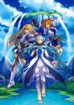  3girls aqua_eyes aqua_hair blonde_hair gloves grandia grandia_online long_hair official_art orange_hair short_hair sword very_long_hair weapon 