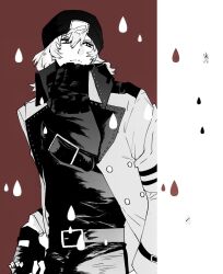  1boy aragaki_shinjirou beanie closed_mouth coat fingerless_gloves gloves hair_between_eyes hat highres long_sleeves looking_afar male_focus medium_hair open_clothes open_coat persona persona_3 shoulder_belt solo sweater trench_coat turtleneck turtleneck_sweater water_drop xiancheng_nuwang 