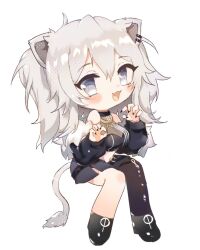  1girl :3 :d animal_ear_piercing animal_ears black_jacket black_shoes blush chibi chibi_only claw_pose commentary_request double-parted_bangs fangs full_body grey_eyes grey_hair hands_up highres hololive invisible_chair jacket kashiwase_karune lion_ears lion_girl lion_tail long_hair long_sleeves looking_at_viewer midriff navel open_mouth shishiro_botan shoes simple_background sitting smile solo tail virtual_youtuber white_background 