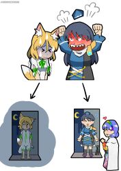  >_< +++ 3girls :d :| absurdres anger_vein angry angry_boss_with_happy_family_irasutoyas_(meme) animal_ear_fluff animal_ears armor arms_up arrow_(symbol) artist_name bag barefoot black_boots black_hair blonde_hair blue_dress blue_gem blue_hat boots breasts cape closed_eyes closed_mouth cloud_print coat commentary_request corked_bottle crescent_moon cropped_torso doorway dot_nose dress fox_ears fox_girl fox_tail gem geta gloom_(expression) green_ribbon hair_between_eyes hairband happy hat head_steam heart highres holding holding_bag holding_test_tube iizunamaru_megumu kudamaki_tsukasa long_hair long_sleeves looking_at_viewer meme moon multicolored_dress multicolored_hairband multiple_girls open_mouth patchwork_clothes pauldrons pom_pom_(clothes) purple_hair rainbow_hairband raised_inner_eyebrows ribbon romper scolding sharp_teeth short_hair short_sleeves shoulder_armor shoulder_guard simple_background single_pauldron sky_print sleepymoon sleeve_ribbon sleeveless sleeveless_coat small_breasts smile solid_circle_eyes standing surcoat tail teeth tengu-geta tenkyuu_chimata test_tube tokin_hat touhou trembling tripod twitter_username waving wavy_mouth white_background white_cape white_romper 