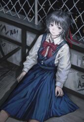  1girl absurdres against_railing azhi_(lpenny) black_hair blue_dress bow bowtie closed_mouth collared_shirt commentary_request dress feet_out_of_frame fence flashlight hair_ribbon highres long_sleeves looking_at_viewer night original outdoors overall_skirt overalls railing red_bow red_bowtie red_ribbon ribbon shirt sitting solo white_shirt 
