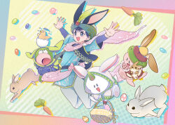  1boy animal animal_ears animal_on_head aqua_tunic arms_up ayasetaru babu_(kaijuu_monogatari) baby_animal basket bib_collar bird bird_on_head black_eyes black_hair black_sleeves black_vest blue_overalls brown_rabbit cape carrot chick commentary_request creature daikaijuu_monogatari easter easter_egg egg fake_animal_ears fake_tail fins fire_shell_hero_(daikaijuu_monogatari) green_hoodie grey_pants hatching head_fins highres holding holding_animal holding_basket holding_rabbit hood hood_up hooded_robe hoodie horns kaijuu_monogatari_(series) kupikupi layered_sleeves long_sleeves looking_at_animal looking_up male_focus on_head open_clothes open_hands open_vest outstretched_arms overalls pants pink_cape poyon_(kaijuu_monogatari) rabbit rabbit_ears rabbit_tail red_shirt robe seashell shell shirt short_over_long_sleeves short_sleeves single_horn tail tunic vest waist_cape white_rabbit_(animal) white_robe 