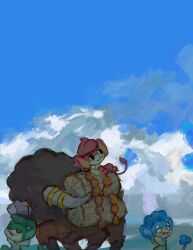  absurdres afro aomidori_iro blue_sky bouffalant buffalo closed_eyes closed_mouth clouds colored_sclera highres horns monkey no_humans open_mouth outdoors pancham panpour pansear pokemon pokemon_(creature) pokemon_focus sky tail yellow_sclera 