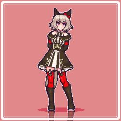  1girl :p animal_ears animated animated_gif arms_behind_back art_(rtrunl) bare_shoulders black_boots black_dress blowing_kiss boots border bow commentary curren_chan_(fille_eclair)_(umamusume) curren_chan_(umamusume) dress ear_bow ear_covers english_commentary full_body gloves grey_hair head_tilt highres horse_ears horse_girl horse_tail knee_boots long_sleeves one_eye_closed pink_background pixel_art red_bow red_thighhighs reflective_floor short_hair solo standing striped_clothes striped_dress tail thigh-highs tongue tongue_out umamusume violet_eyes white_border white_gloves 